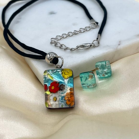 Italian Murano Glass Pendant Necklace & Earrings Set In Sterling Silver - Picture 2 of 5